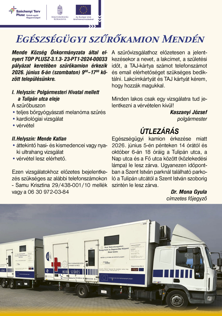Egészségügyi szűrőkamion a településen
